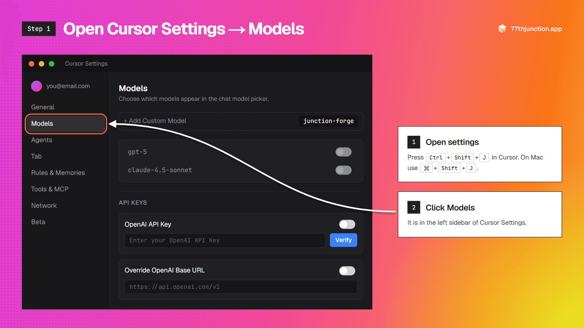 Cursor Settings with Models selected in the sidebar