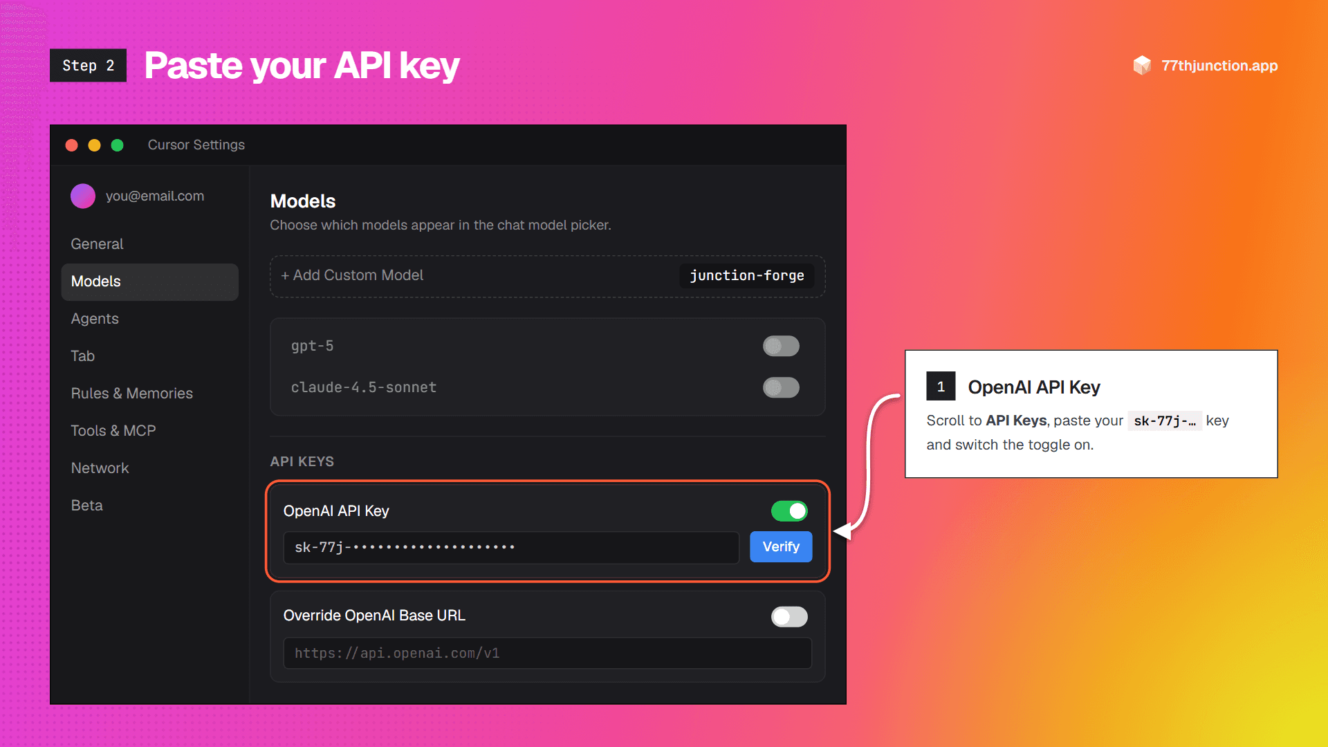 OpenAI API Key field with a 77th Junction key pasted