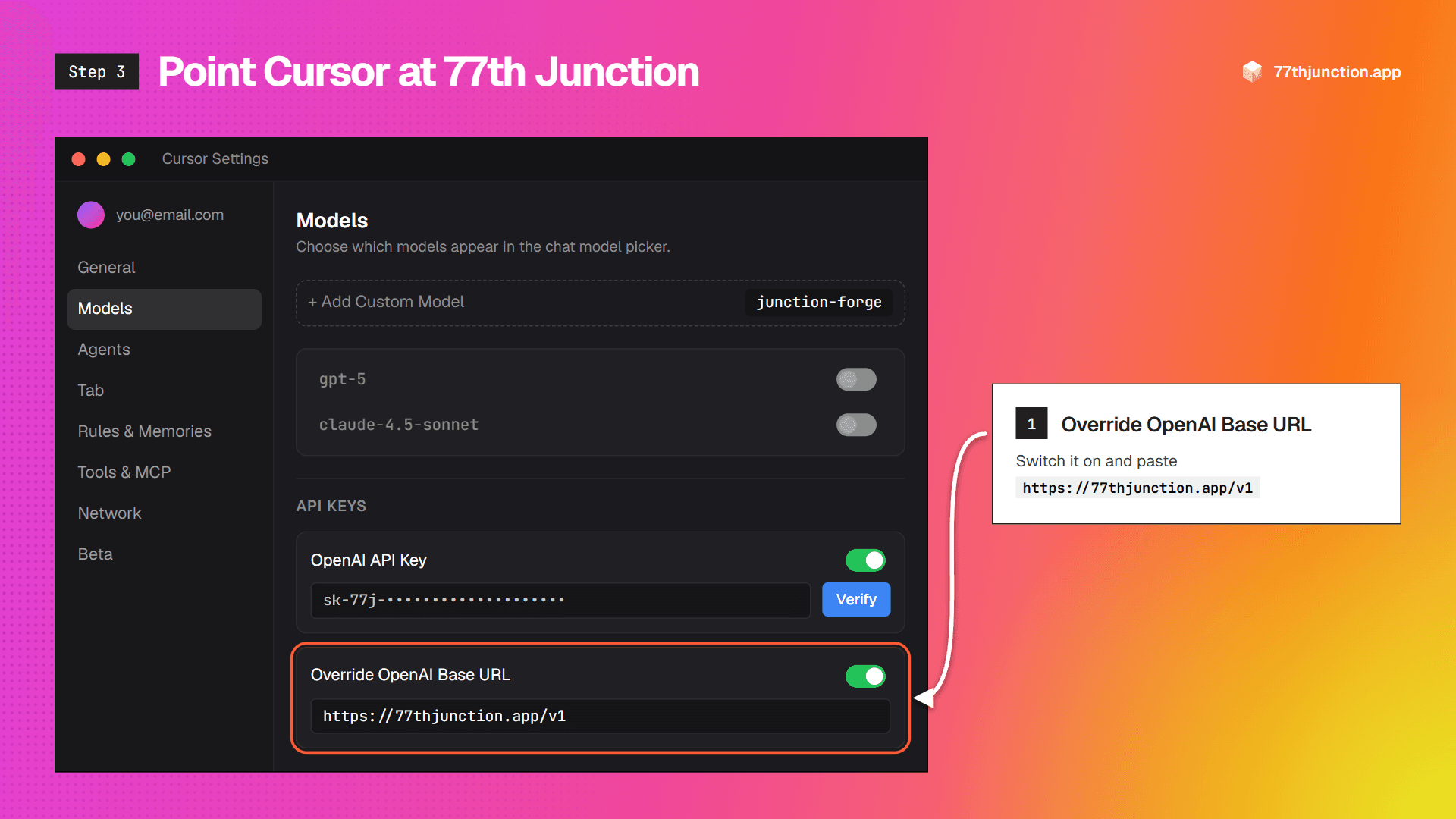 Override OpenAI Base URL switched on with the 77th Junction URL