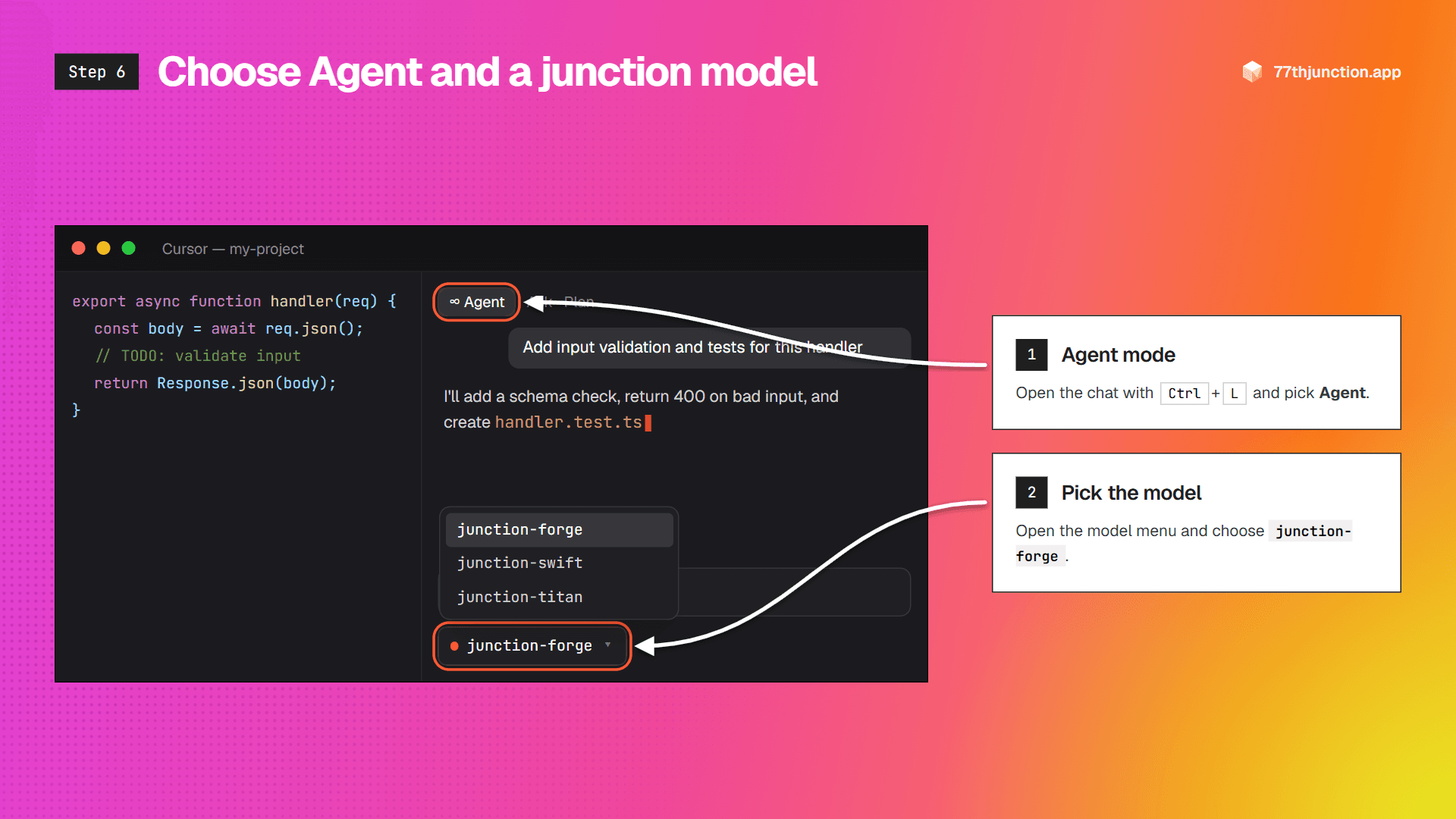 Cursor chat in Agent mode with junction-forge picked in the model menu
